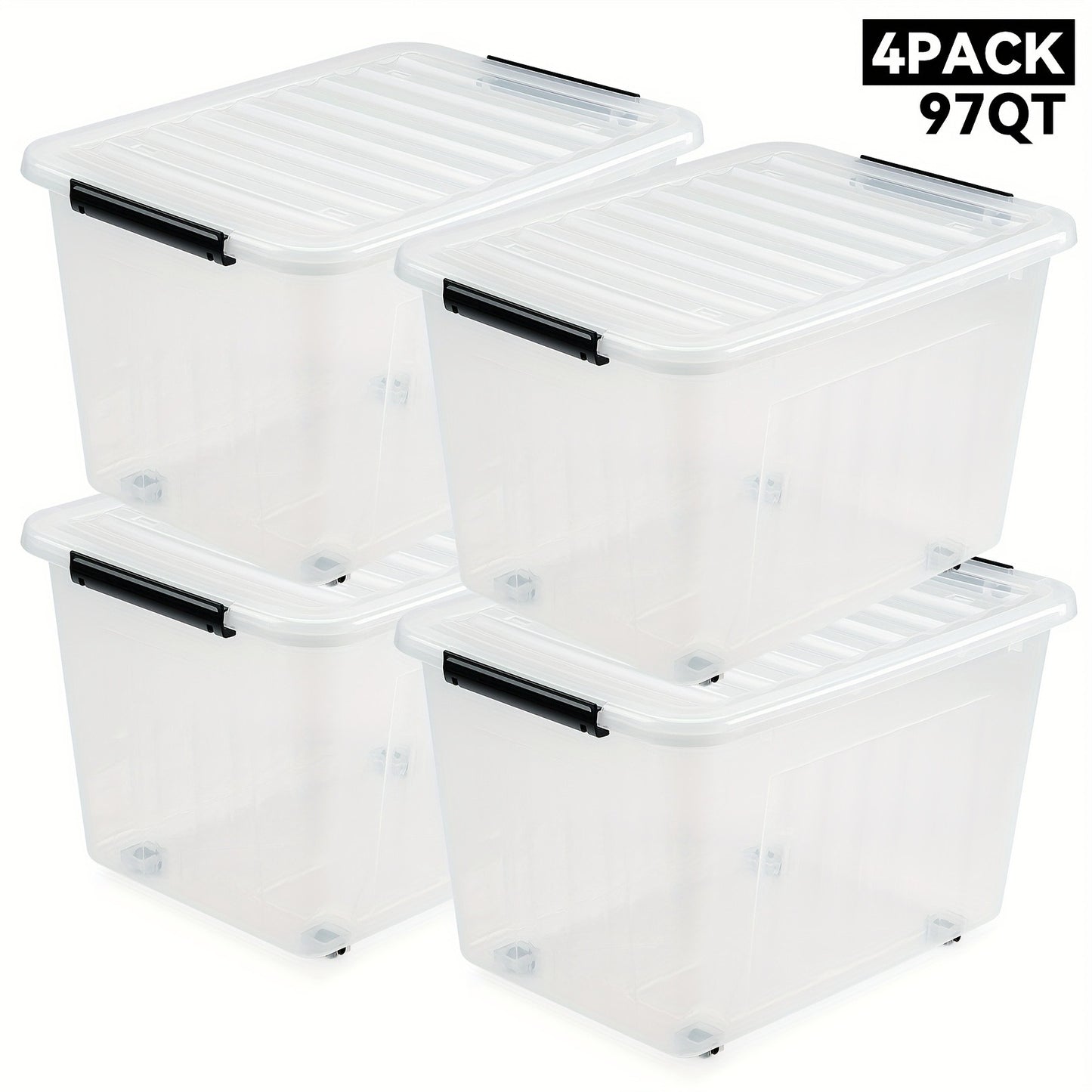 Storage Containers with Lids and Wheels | Stackable 72QT & 97QT Plastic Bins | 4 or 6 Pack | Locking Lid | Clear, Pink/White, Gray/Yellow | Home Garage