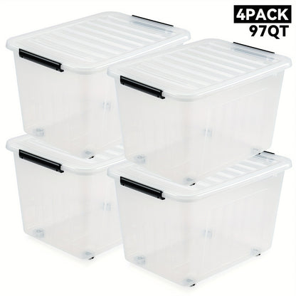 Storage Containers with Lids and Wheels | Stackable 72QT & 97QT Plastic Bins | 4 or 6 Pack | Locking Lid | Clear, Pink/White, Gray/Yellow | Home Garage