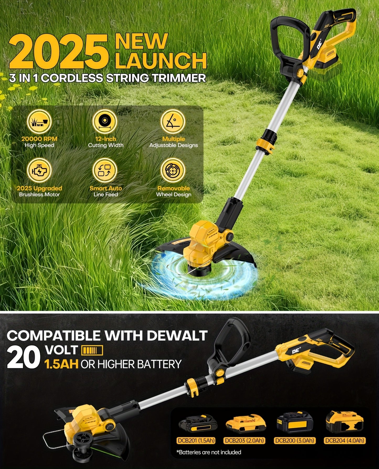 Cordless String Trimmer for DeWalt 20V Max, 12-Inch 20000RPM Brushless 3-in-1 Weed Eater with Auto-Feed, 6 Blades & 4 Spools – Lawn Edger & Patio Cleaner, Tool Only