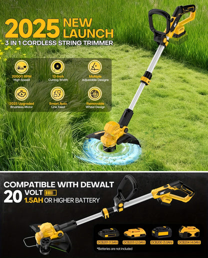 Cordless String Trimmer for DeWalt 20V Max, 12-Inch 20000RPM Brushless 3-in-1 Weed Eater with Auto-Feed, 6 Blades & 4 Spools – Lawn Edger & Patio Cleaner, Tool Only
