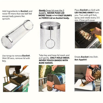 Rolling Grill Basket Stainless Steel 2-Pack – Cylinder BBQ Basket with Hook & Fork for Vegetables, Meatballs & Seafood | Outdoor Camping Bonfire Grill Accessory