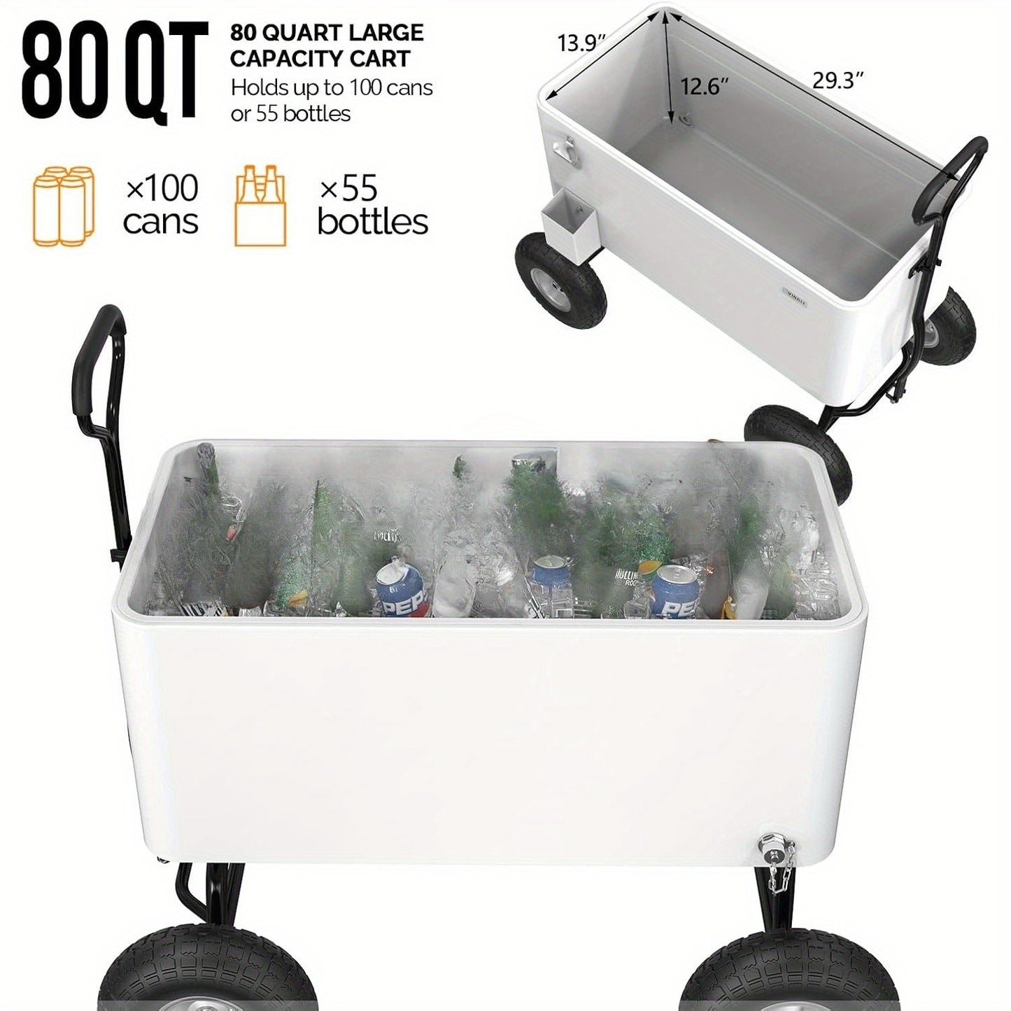 Rolling Cooler Cart 80QT Portable Wagon with 10" Wheels – Patio Beach Outdoor Drink Cooler
