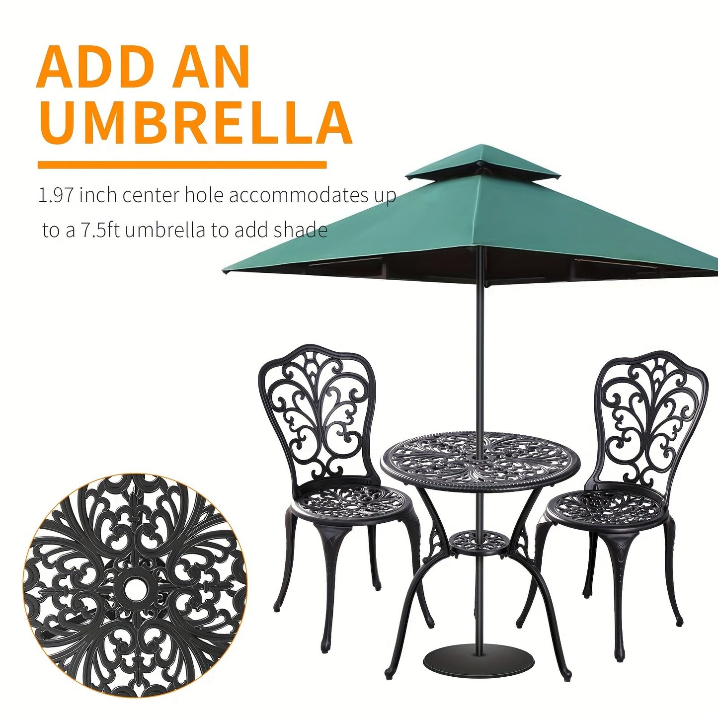 Patio Bistro Set 3 Piece Cast Aluminum Outdoor Table and 2 Chairs with Umbrella Hole All Weather Front Porch Balcony Furniture Set Black