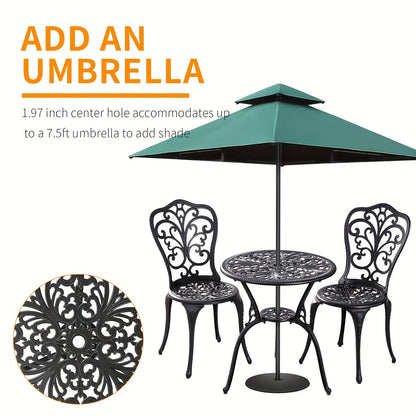 Patio Bistro Set 3 Piece Cast Aluminum Outdoor Table and 2 Chairs with Umbrella Hole All Weather Front Porch Balcony Furniture Set Black