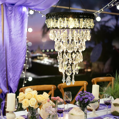 Solar Chandelier Outdoor Hanging Crystal Light 54 LED Warm White Waterproof Garden Yard Patio Gazebo Party Wedding Decor 6-Tier Oval Round