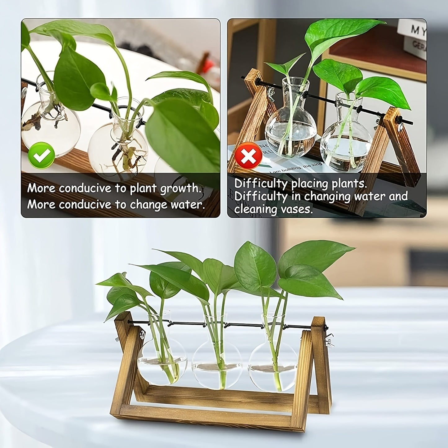 Propagation Station 3 Bulb Glass Vase with Wooden Stand - Hydroponic Plant Terrarium for Home Office Desk Decor, Unique Gardening Gift for Women Plant Lovers, Boho Cottagecore