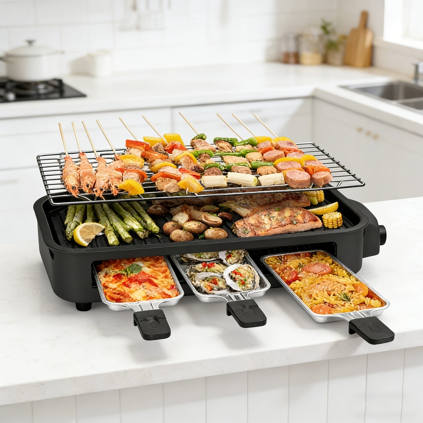 Indoor Smokeless Electric Grill 1500W Non-Stick Raclette Table Grill with Removable Plate & 3 Mini Pans Dishwasher Safe Compact BBQ Griddle