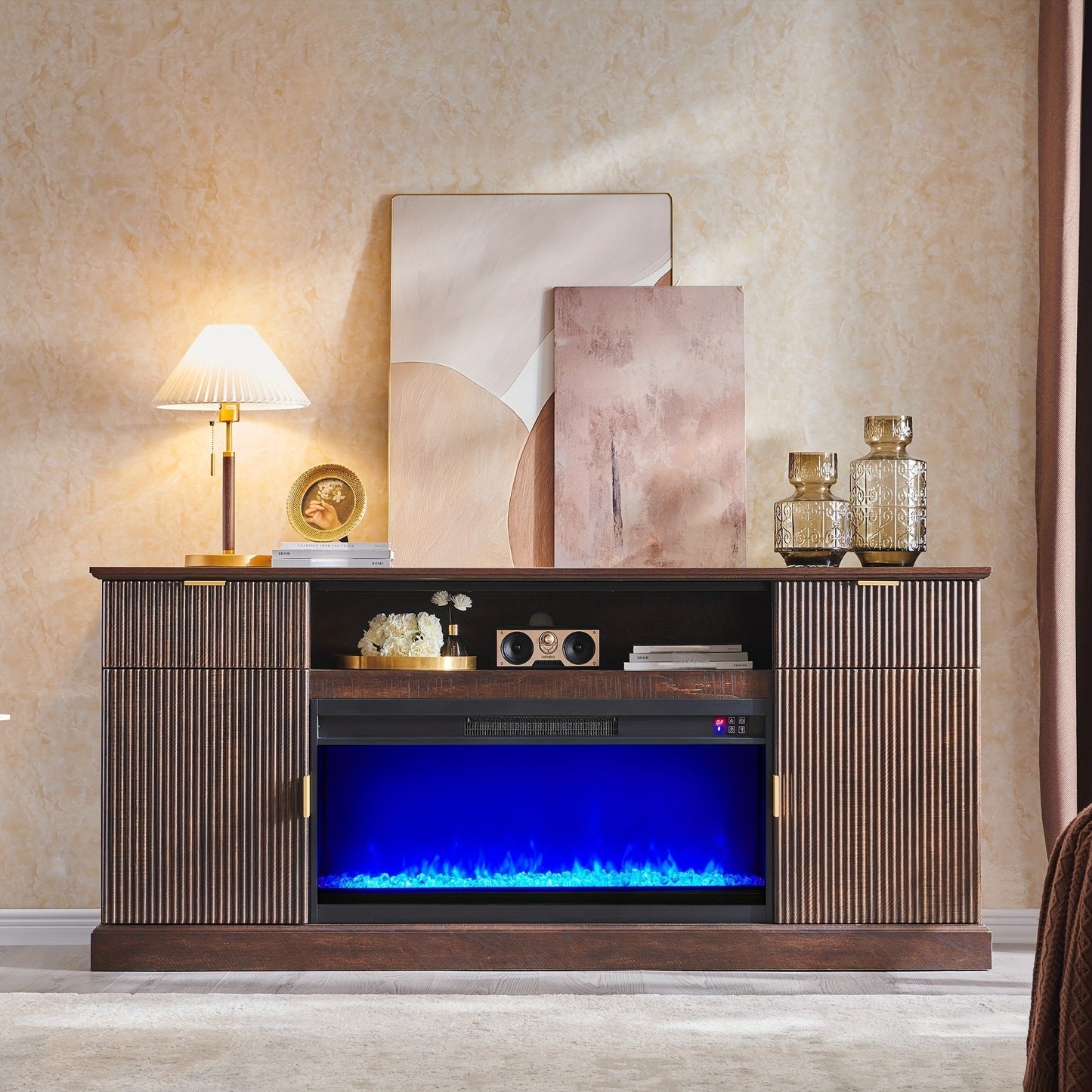 Electric Fireplace TV Stand for TVs Up to 80 Inch – 36" LED Flame Fluted Entertainment Center for Living Room with Built-In Heater