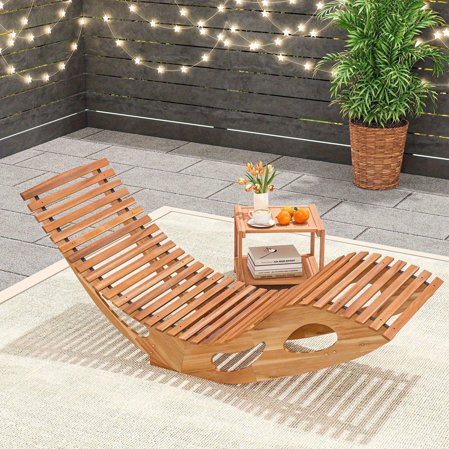 Acacia Wood Rocking Chaise Lounge Outdoor High Back Ergonomic Slatted Seat Stopper 350lb Patio Rocker for Deck Poolside Garden