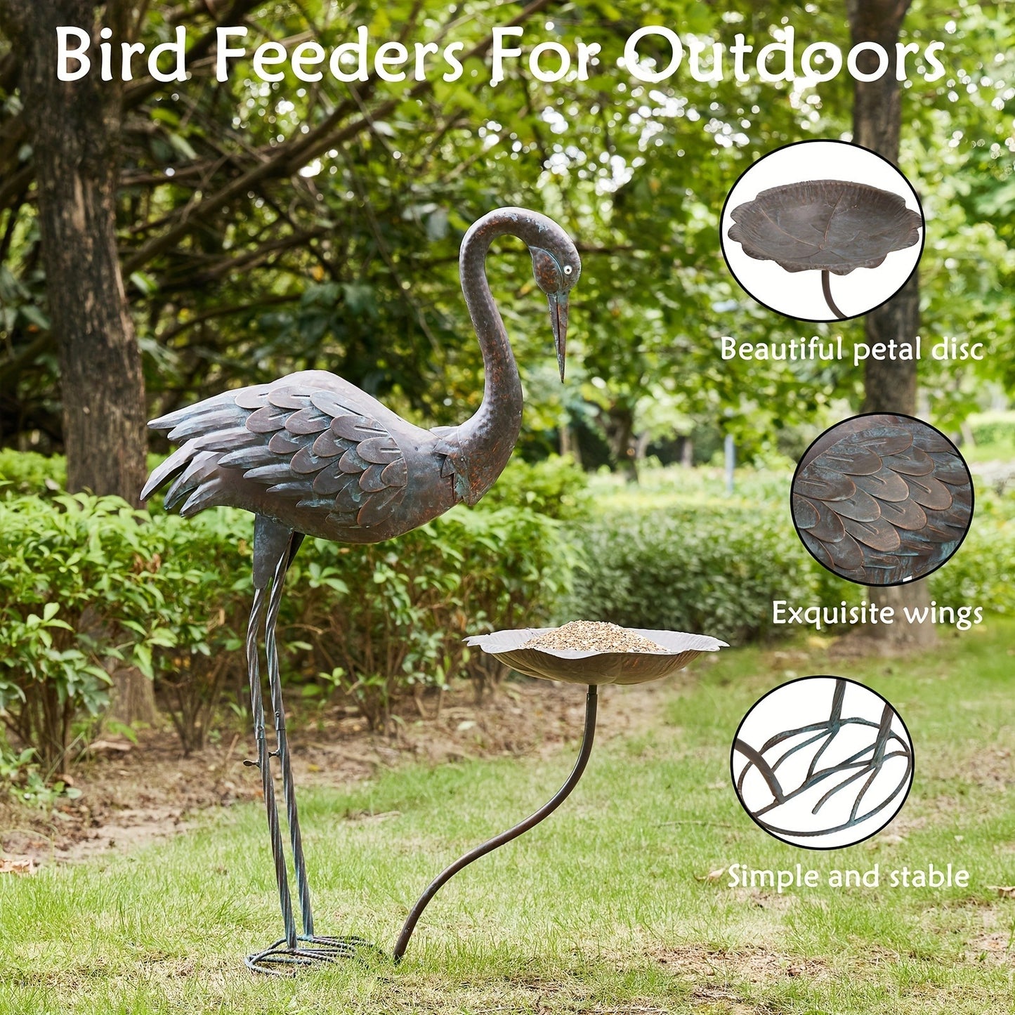 Bird Bath Outdoor Metal Crane Heron Sculpture 36" – Garden Feeder Stake Yard Lawn Patio Decor