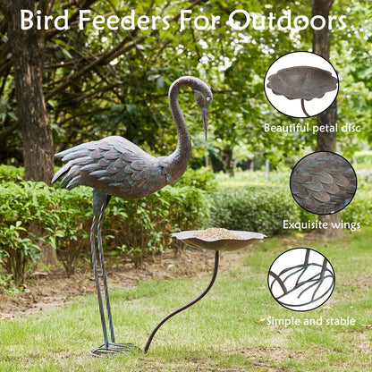 Bird Bath Outdoor Metal Crane Heron Sculpture 36" – Garden Feeder Stake Yard Lawn Patio Decor