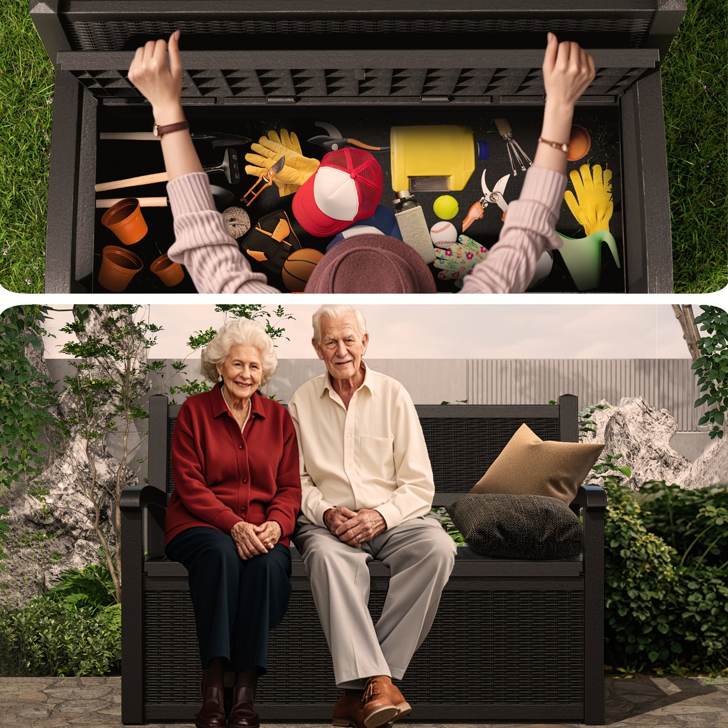 Outdoor Storage Bench 80 Gal, 550 Lb Capacity Weatherproof Resin Deck Box
