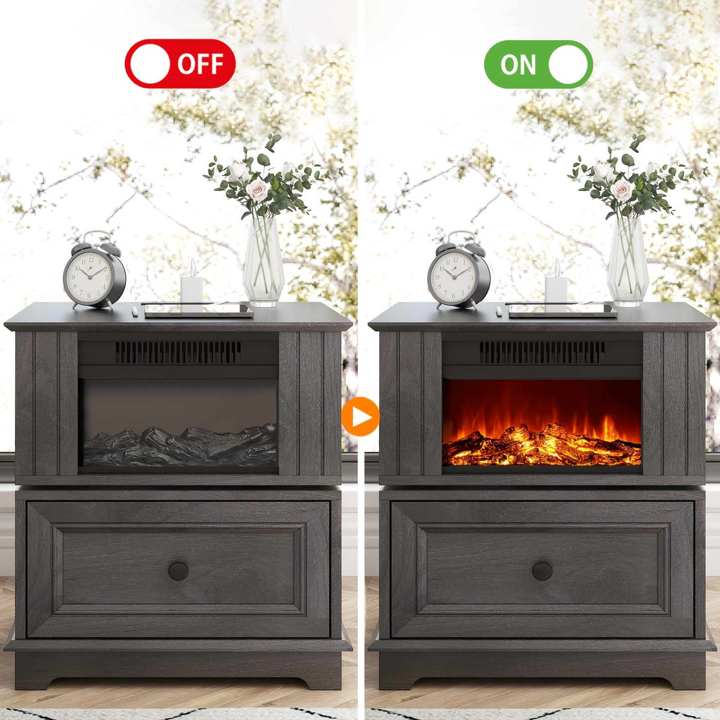 Electric Stove Heater End Table Rotatable Fireplace Side Table 1400W 4800 BTU Indoor Heater with Storage Cabinet Nightstand Overheat Protection