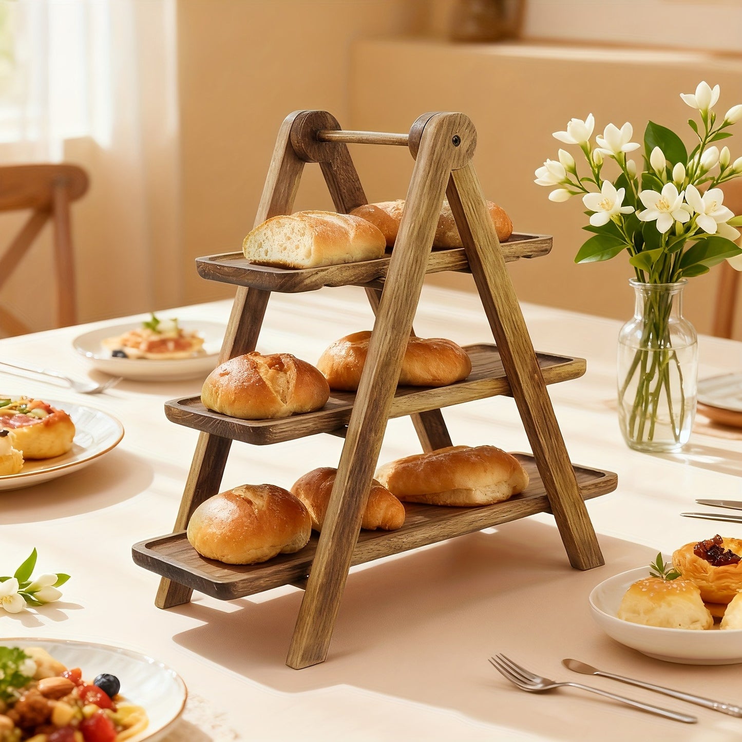 Cake Stand 3 Tier Wooden Serving Tray Farmhouse Dessert Display Cupcake Tower Bread Basket Collapsible Tiered Platter for Wedding Party Charcuterie