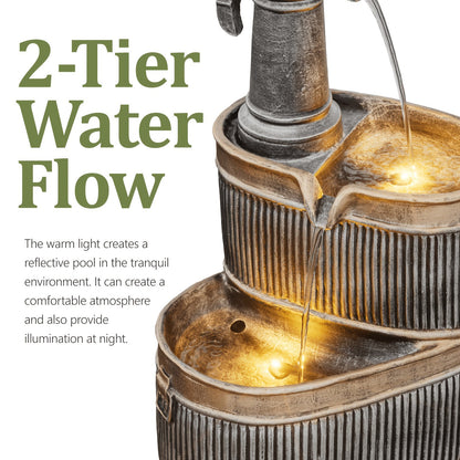 Outdoor Water Fountain 2-Tier Barrel with LED Light & Pump - Rustic Resin Garden Fountain for Patio, Yard & Deck Decor, Bronze Finish, Continuous Flow