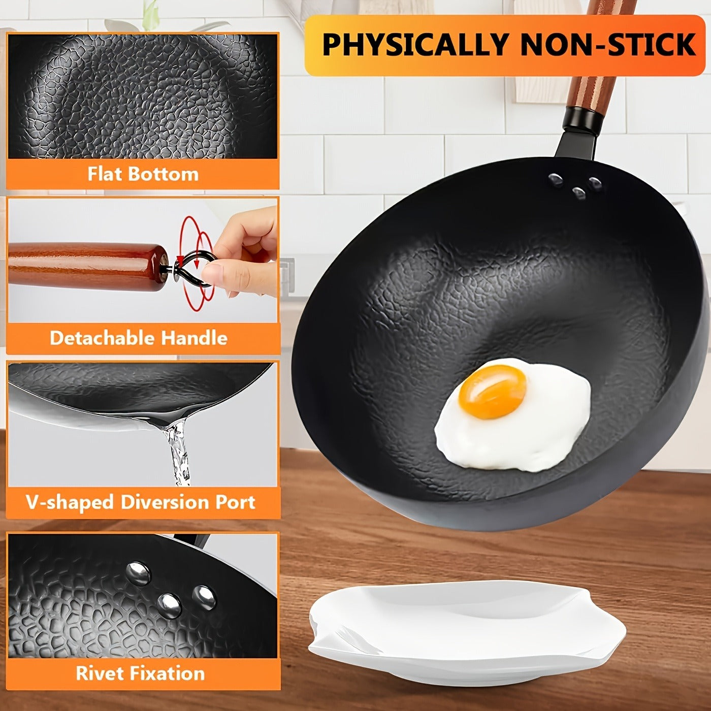 Wok Set Cast Iron 12.6 Inch Nonstick with 13 Accessories – Natural Nonstick No Chemical Coating Stir Fry Pan with Lid & Detachable Handle | Gas Electric Induction Ceramic Stovetop Kitchen Gift