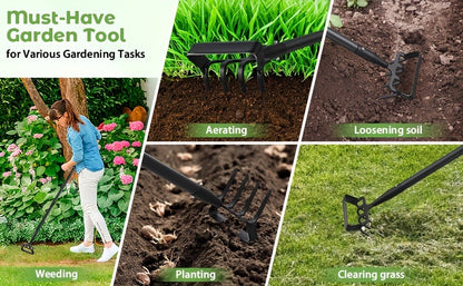 Hula Hoe 2-in-1 Dual Head Stirrup Loop Hoe & 4-Tine Cultivator Rake Heavy Duty All-Metal Long Handle 62 73 82 Inch for Weeding Aerating Loosening Soil