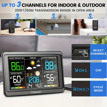 Wireless Weather Station - Indoor Outdoor Thermometer with 7.6" LCD, Barometer, Humidity, Moon Phase & USB Charging