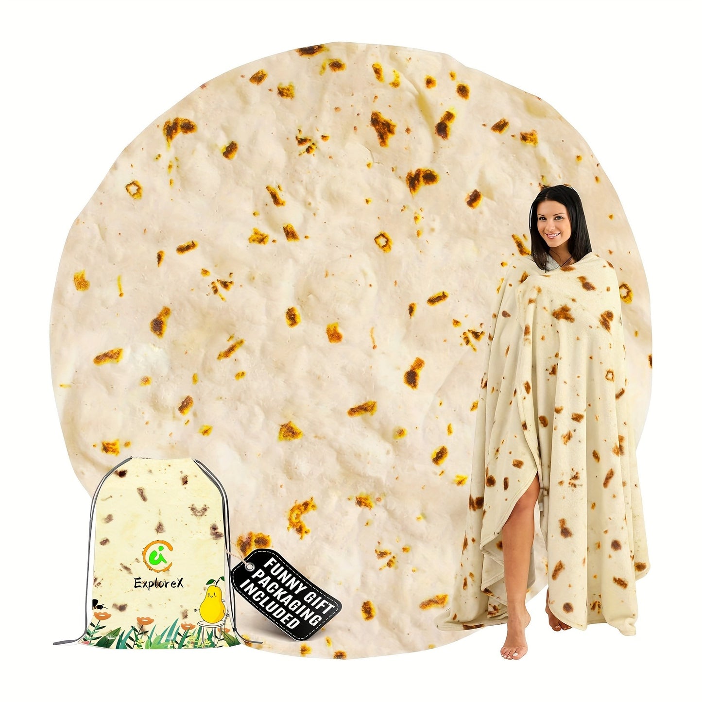 Tortilla Blanket Flannel 285GSM Soft Cozy Reversible Throw Blanket Funny Novelty Gift for Family Friends Mexican Food Burrito Round Blanket Multiple Sizes