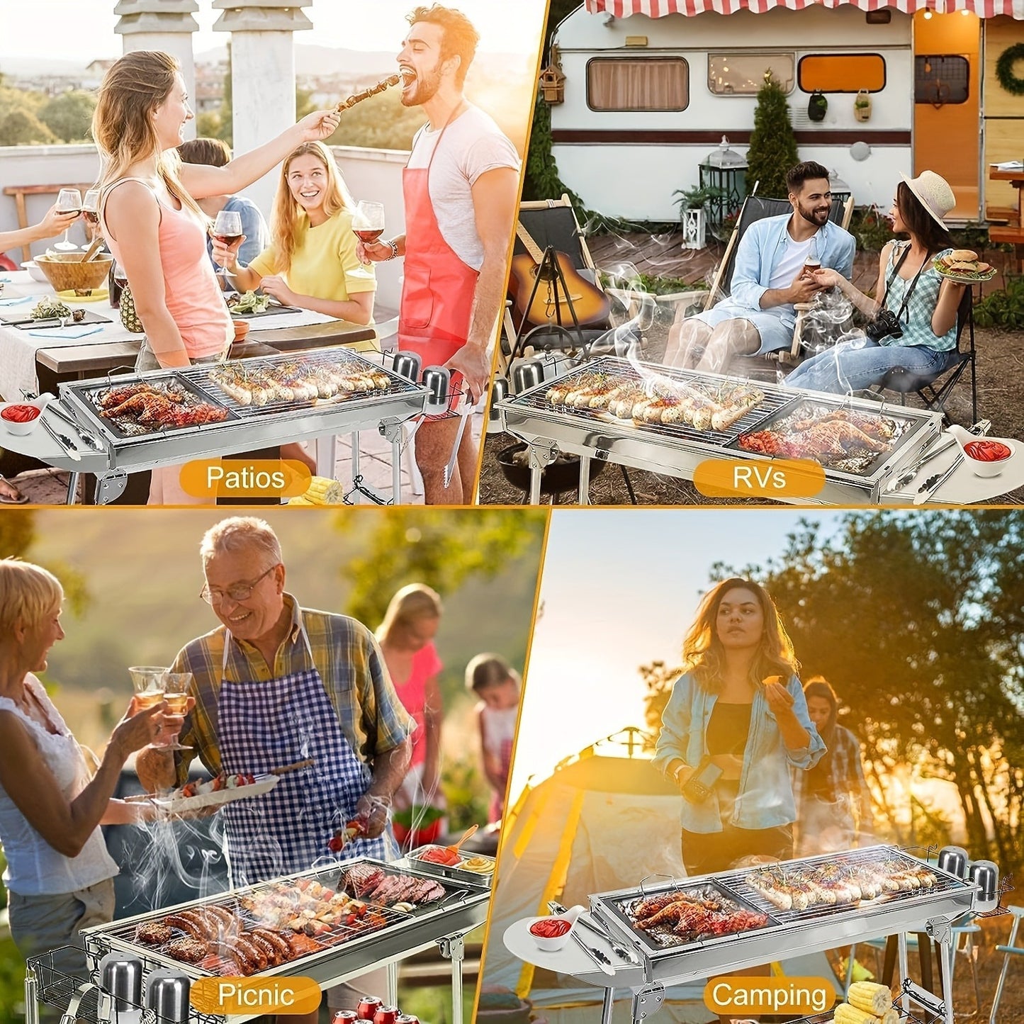 Charcoal BBQ Grill Foldable Large with Side Shelf & Storage Basket – Stainless Steel Portable Outdoor Grill for Camping, Picnic, Garden Patio & Travel | Optional 3-Piece Tool Set