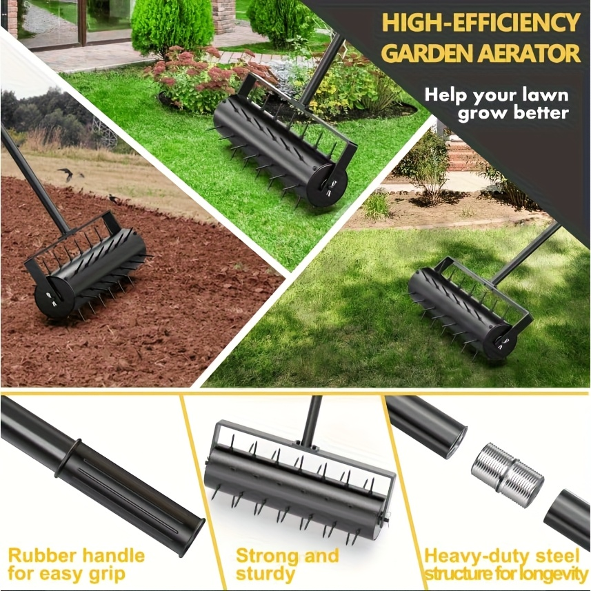 Lawn Punch Aerator 17" Heavy-Duty Metal Roller with Bearing Design, 60" Long Handle for Effortless Weeding & Aeration, Manual Garden Lawn Punch Tool Black