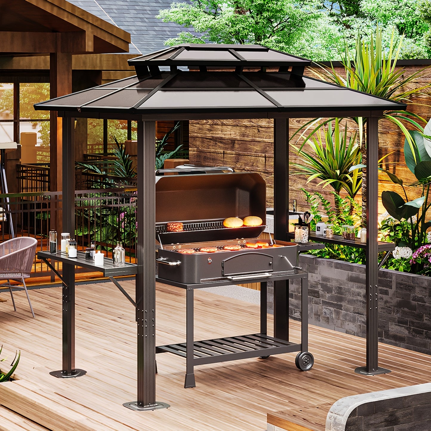 Hardtop Gazebo Polycarbonate Roof Aluminum Frame Curtains & Net