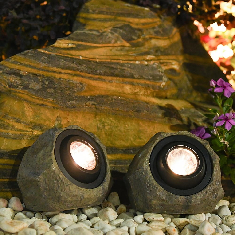 Solar Rock Lights Outdoor Set of 2 IP44 Waterproof LED Warm White Fake Stone Garden Lights Auto Sensor for Lawn Pathway Park Villa Wedding Decor