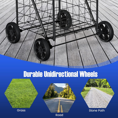 Rolling Shopping Cart Heavy Duty Metal Basket 100 LBS Capacity, Foldable Grocery Utility Cart with Foam Handle Large Wheels 22 Gal for Supermarket Laundry Warehouse