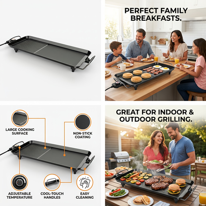 Indoor Electric Grill Smokeless – Non-Stick BBQ Griddle with Adjustable Temperature & Drip Tray, Extra-Large Extended / Medium / Large Roasting Pan, Multifunctional Indoor & Outdoor Barbecue – Holiday Gift Idea