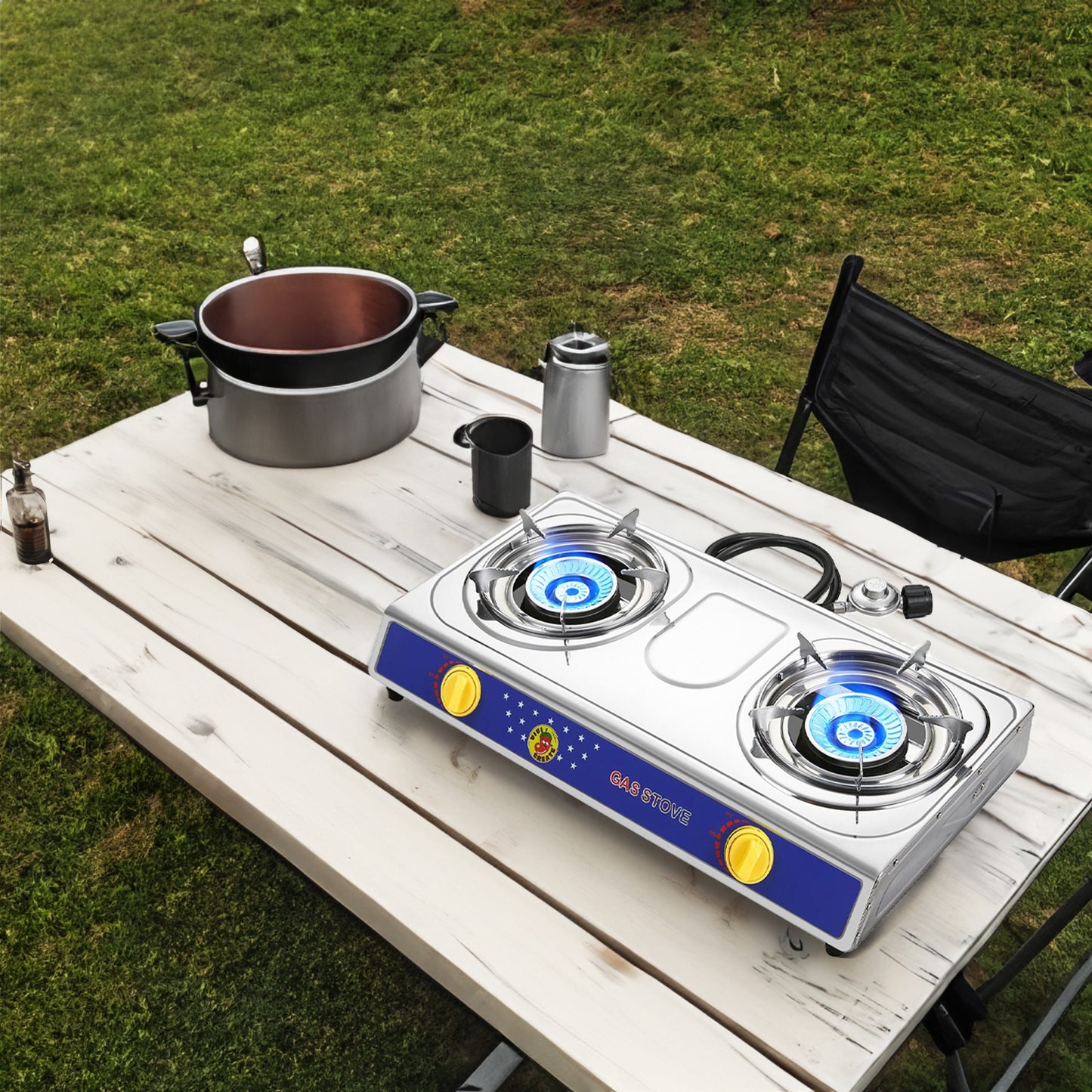 Propane Camping Stove Single & Double Burner – Stainless Steel Gas Cooker with Auto Ignition for Outdoor Cooking, Camping, Fishing, Hiking, Garden BBQ & Tailgate – Portable Camp Kitchen Burner