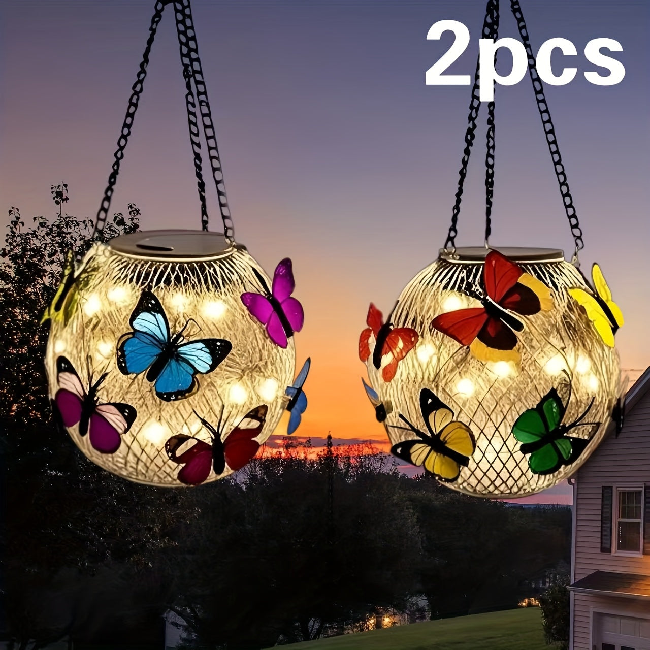 Solar Butterfly Lantern Hanging Garden Light 2-Pack Metal Iron