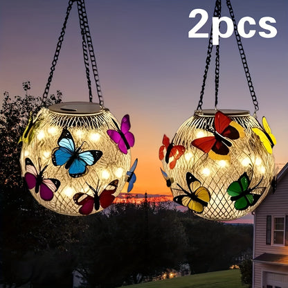 Solar Butterfly Lantern Hanging Garden Light 2-Pack Metal Iron