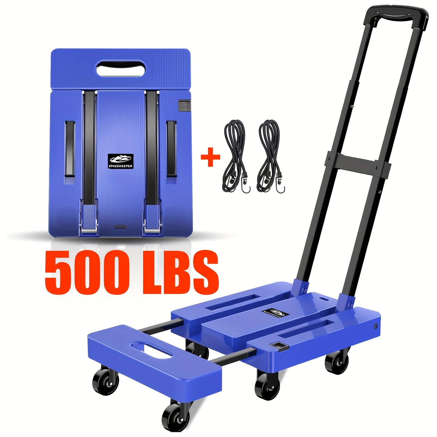 Folding Hand Truck Dolly 500LB Heavy Duty, Collapsible Luggage Cart with 6 Wheels & 2 Elastic Straps for Moving, Travel, Shopping, Office & Warehouse