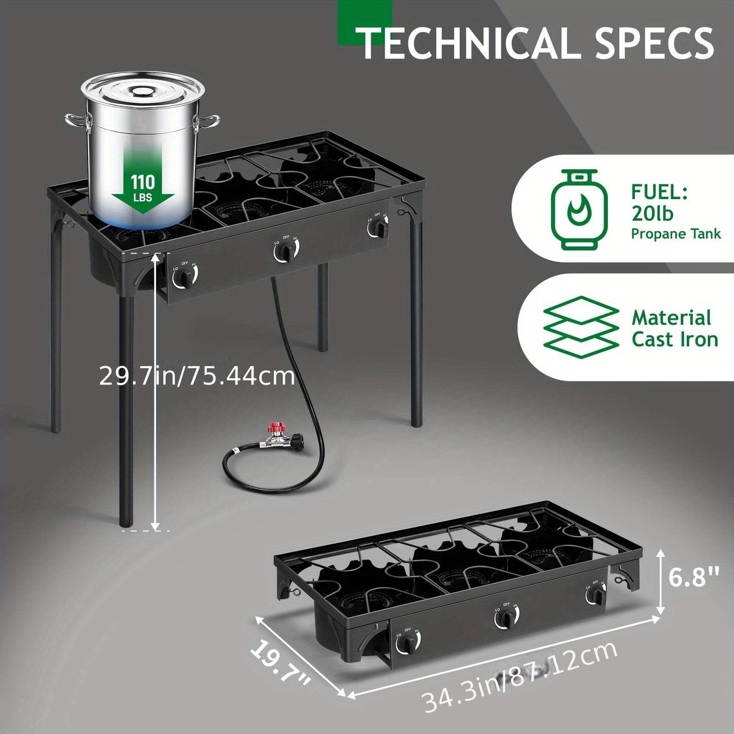 Outdoor Propane Burner Stove Cast Iron 1 or 3 Burner, 225000 BTU High-Pressure Cooker with Adjustable Heat, Removable Legs, for Camping Tailgating Frying Brewing Wok Cooking