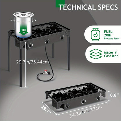 Outdoor Propane Burner Stove Cast Iron 1 or 3 Burner, 225000 BTU High-Pressure Cooker with Adjustable Heat, Removable Legs, for Camping Tailgating Frying Brewing Wok Cooking