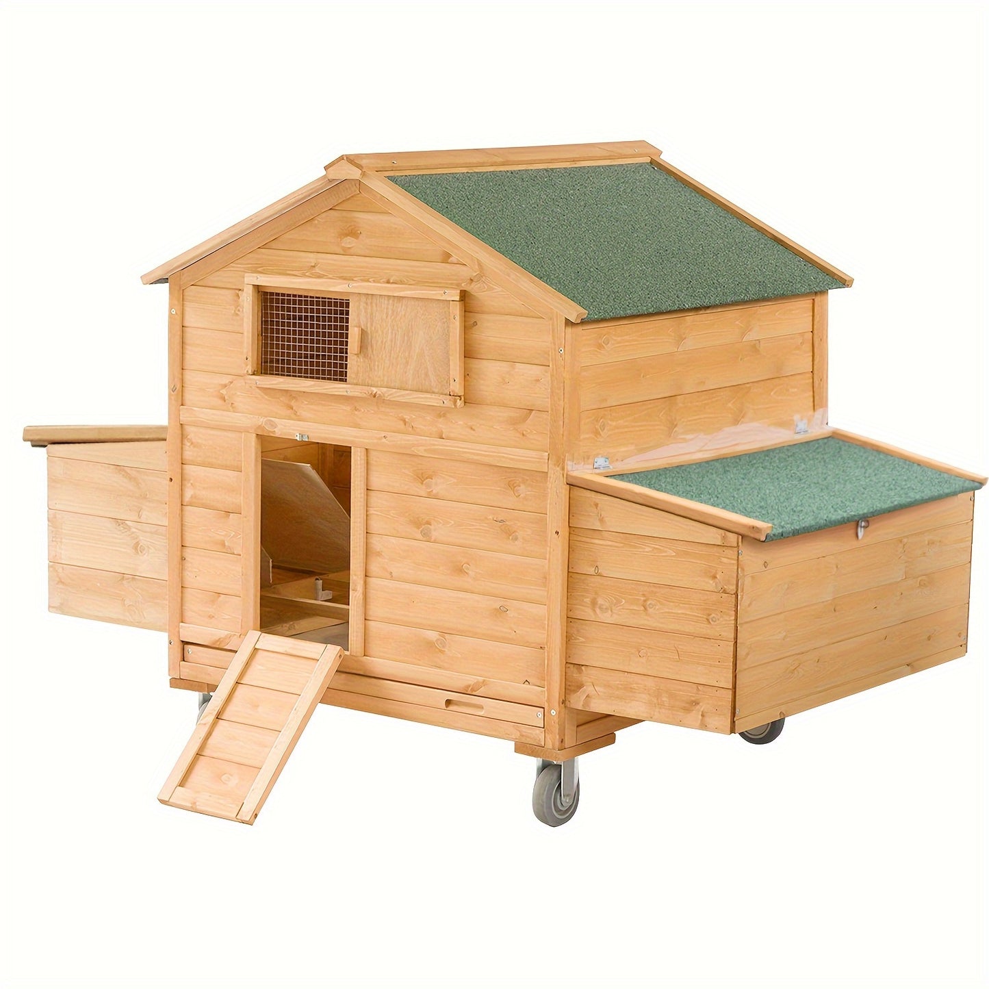 Mobile Chicken Coop with Wheels Large Outdoor Hen House for 6-8 Chickens Waterproof PVC Cover Thickened Fir Wood Double Nesting Box Removable Tray 4 Universal Wheels