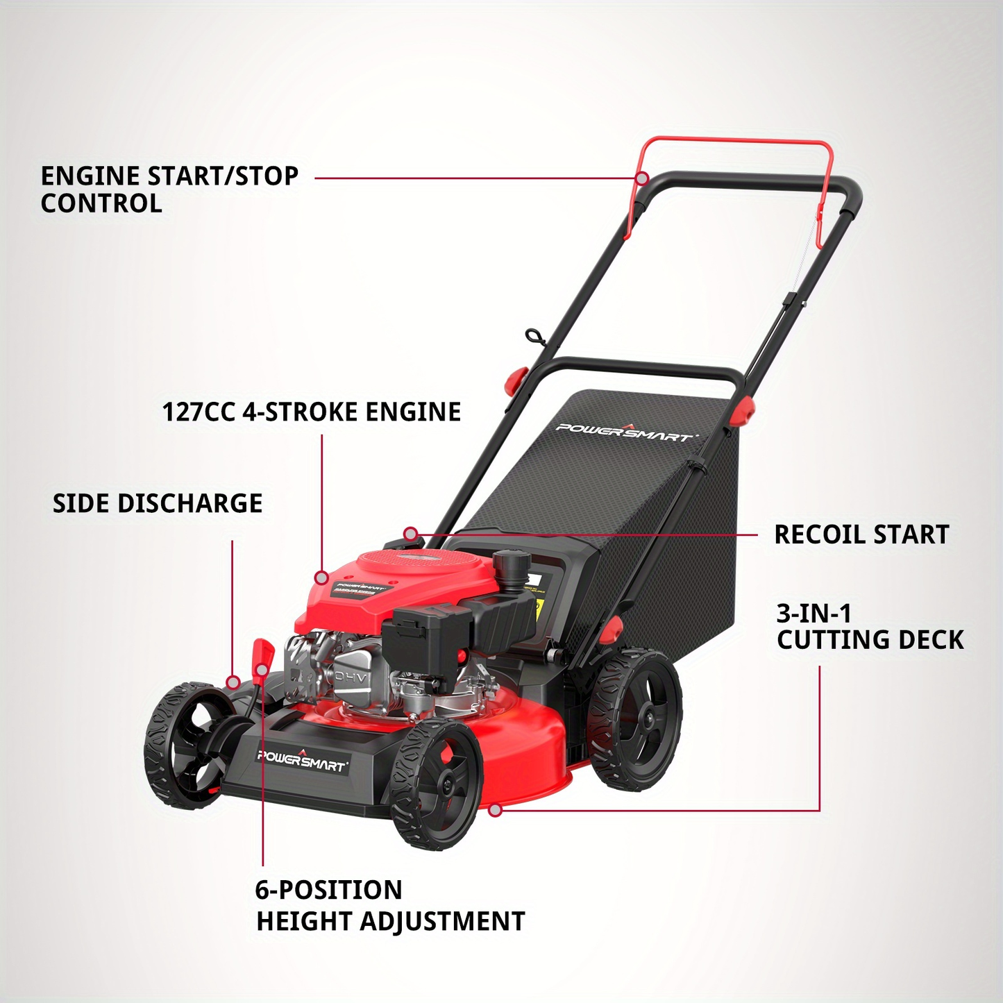 Gas Lawn Mower 18-Inch 140cc 4-Stroke Engine 3-in-1 Push Mower with Rear Bag Side Discharge Mulching 6-Position Height Adjustment Walk-Behind