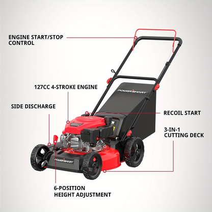 Gas Lawn Mower 18-Inch 140cc 4-Stroke Engine 3-in-1 Push Mower with Rear Bag Side Discharge Mulching 6-Position Height Adjustment Walk-Behind