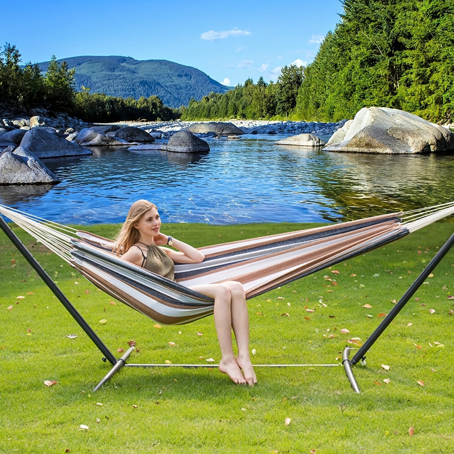 Double Hammock with Steel Stand 450 lbs Heavy Duty Portable Outdoor Indoor Carry Case Head Pillow No Assembly Camping Patio Backyard Multiple Colors