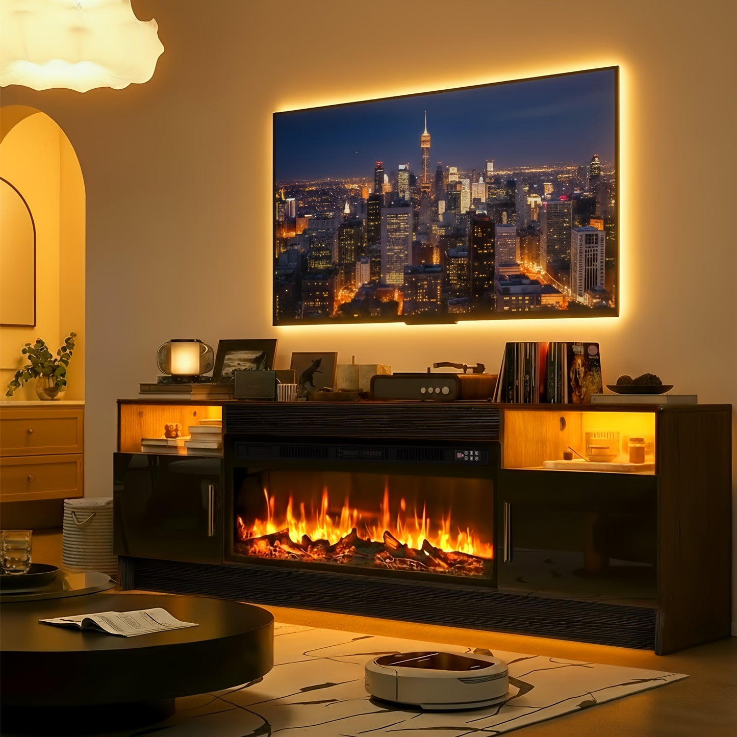 Entertainment Center with Electric Fireplace 70 Inch TV Stand for TVs up to 80" 36" Fireplace 20-Color LED High Gloss Storage Cabinet Wood Grain