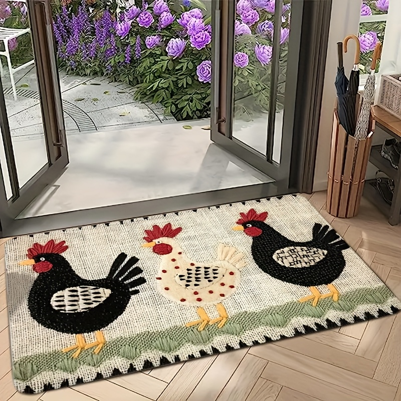 Rooster Embroidered Door Mat Indoor Outdoor Non-Woven Washable Rug for Entryway Bathroom Kitchen Porch Plaid Stripe Pattern