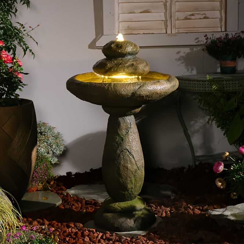 Garden Fountain 40.2 Inch Floor Standing Bird Bath Outdoor Fountain with LED Lights IPX8 Pump for Backyard Patio