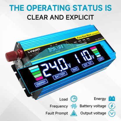 Pure Sine Wave Inverter 3000W 6000W Peak DC 12V 24V to AC 110V with LCD Display 4 AC Outlets Wireless Remote Control for RV Truck Vehicle Camping Home Backup