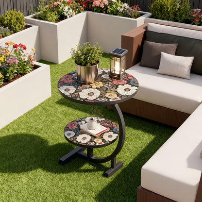 Small Round Side Table Sofa End Table Floral Mandala Desktop Accent Table for Living Room Bedroom Balcony Patio Outdoor Indoor Use