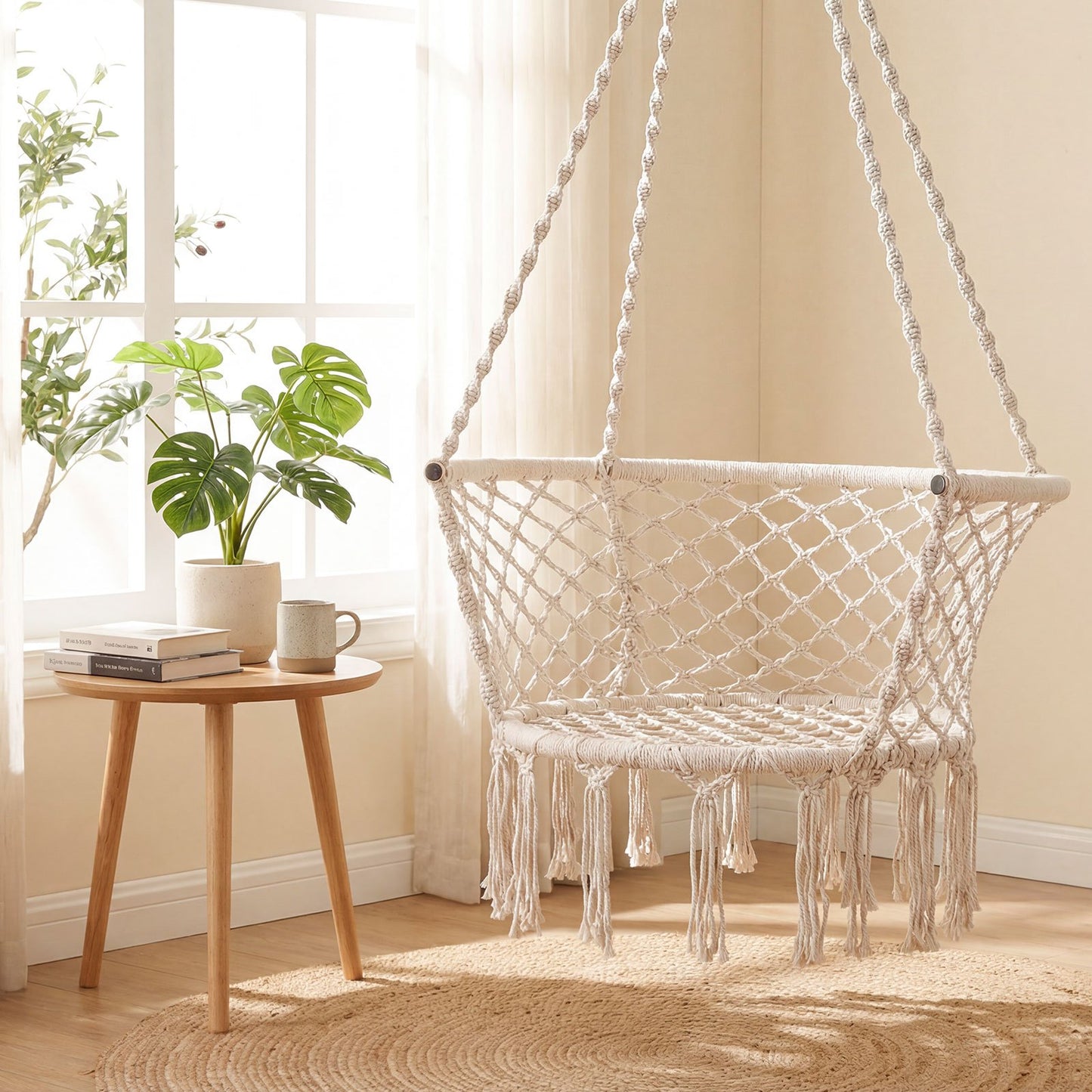 Macrame Hammock Chair – Knitted Boho Swing Chair with Cotton Rope, 350 lbs Capacity, Hanging Chair for Indoor Outdoor Bedroom Patio Balcony Garden