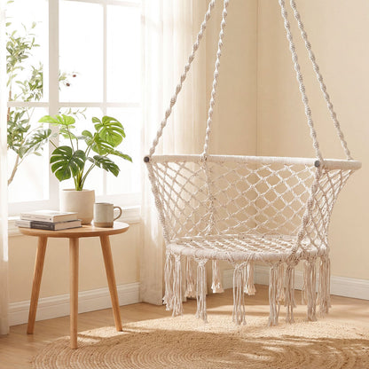 Macrame Hammock Chair – Knitted Boho Swing Chair with Cotton Rope, 350 lbs Capacity, Hanging Chair for Indoor Outdoor Bedroom Patio Balcony Garden