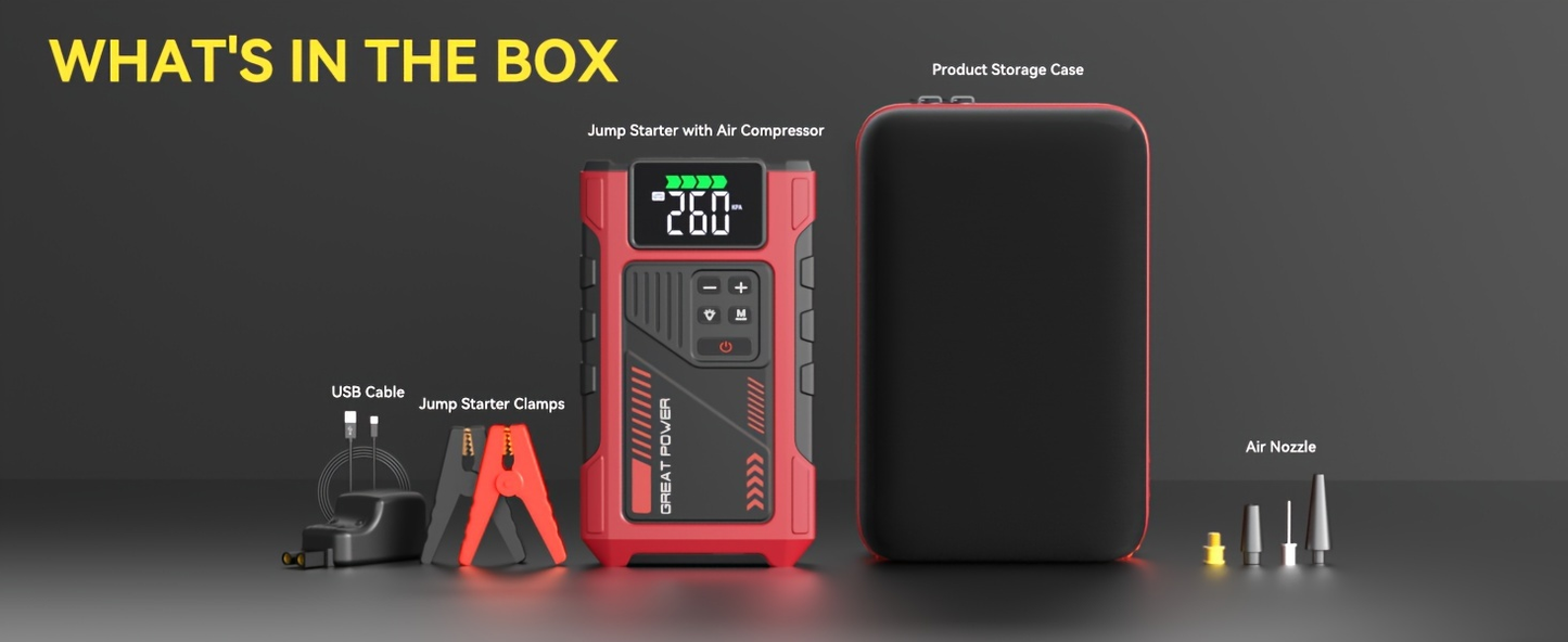 Jump Starter with Air Compressor 5000A Peak 150PSI Tire Inflator 5-in-1 Portable Car Battery Jump Pack for 8.0L Gas 6.5L Diesel Engine Digital Display Smart Cables 12V Power Bank