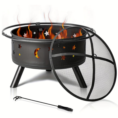 Fire Pit 30 Inch Round Wood Burning Outdoor Backyard Patio Steel Bowl with Spark Screen Mesh Lid Star Moon Cutout Carrying Ring Poker Included Black