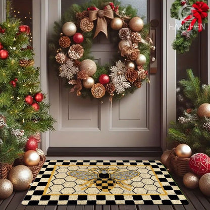 Non-Slip Bee Honeycomb Flannel Floor Mat Machine Washable Welcome Rug Indoor Outdoor Entryway Bedside Living Room Kitchen Bee Themed Home Decor