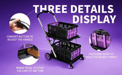 Two Tier Cart with 2 Storage Crates 360° Swivel Wheels, Heavy Duty Collapsible Shopping Trolley Folding Utility Cart for Groceries Picnic Office Multi-Use